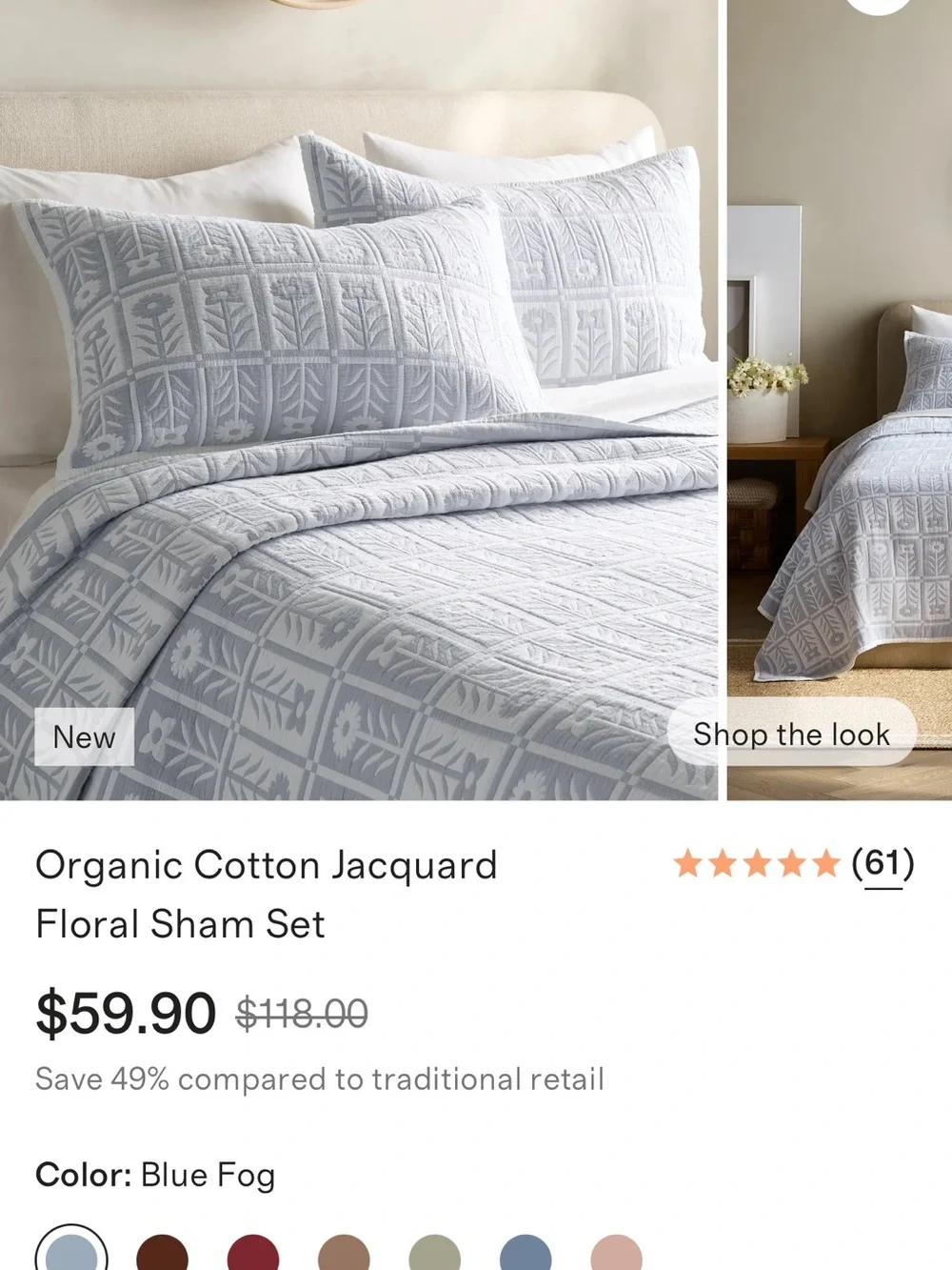 Blue Fog Organic Cotton Jacquard Floral Sham Set - Retail $60